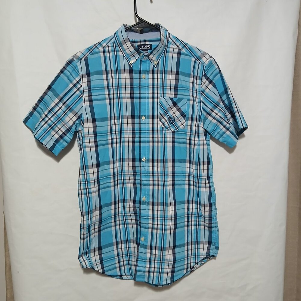 Chaps Ralph Lauren Boys Long Sleeve Button Up Blue White Plaid Dress Shirt XL